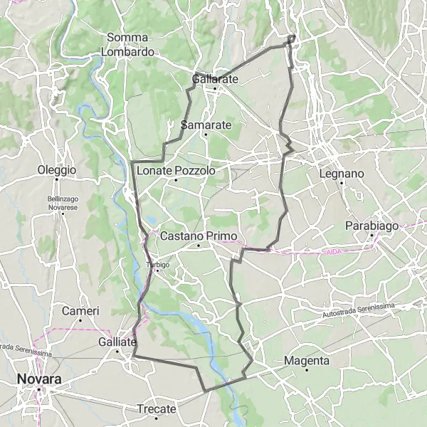 Miniatura della mappa di ispirazione al ciclismo "Road Cairate - Gallarate loop" nella regione di Lombardia, Italy. Generata da Tarmacs.app, pianificatore di rotte ciclistiche