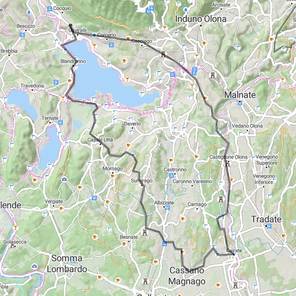 Kartminiatyr av "Bakketur til Varese og Lake Varese" sykkelinspirasjon i Lombardia, Italy. Generert av Tarmacs.app sykkelrutoplanlegger