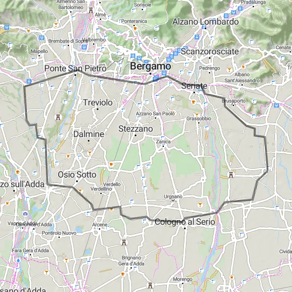 Mapa miniatúra "Jazda na ceste do Bergama a Calcinate" cyklistická inšpirácia v Lombardia, Italy. Vygenerované cyklistickým plánovačom trás Tarmacs.app