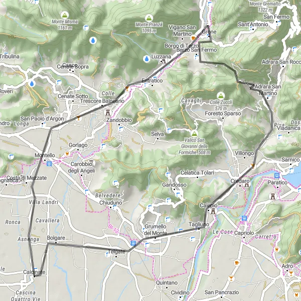 Karttaminiaatyyri "Reitti Calcinate - Colle San Giovanni - Trescore Balneario - Col Croce - Adrara San Martino - Monte della Croce - Grumello del Monte" pyöräilyinspiraatiosta alueella Lombardia, Italy. Luotu Tarmacs.app pyöräilyreittisuunnittelijalla