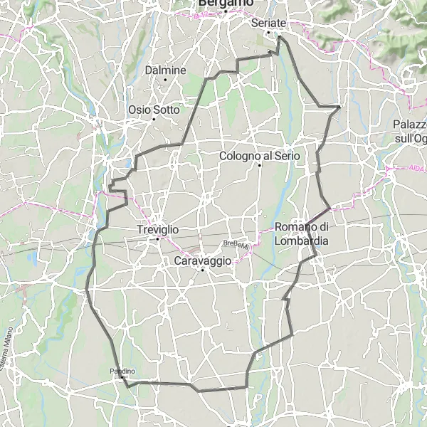 Zemljevid v pomanjšavi "Kolesarska pot med Romano di Lombardio in Grassobbio" kolesarske inspiracije v Lombardia, Italy. Generirano z načrtovalcem kolesarskih poti Tarmacs.app