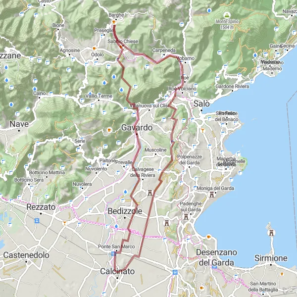 Miniature de la carte de l'inspiration cycliste "Gravel de Calcinato à Sabbio Chiese" dans la Lombardia, Italy. Générée par le planificateur d'itinéraire cycliste Tarmacs.app