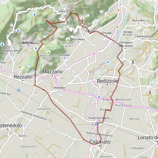 Miniatua del mapa de inspiración ciclista "Ruta de Grava a través de Calcinato" en Lombardia, Italy. Generado por Tarmacs.app planificador de rutas ciclistas