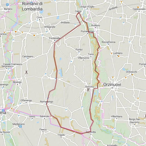 Miniatua del mapa de inspiración ciclista "Ruta de Grava en Calcio" en Lombardia, Italy. Generado por Tarmacs.app planificador de rutas ciclistas
