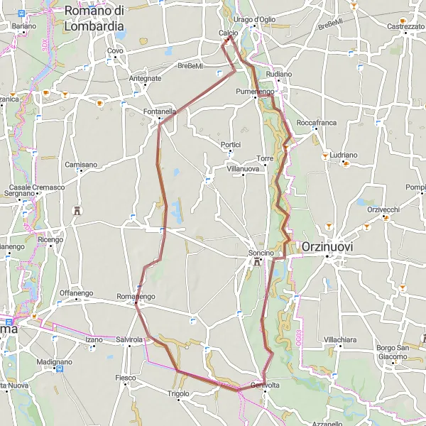 Mapa miniatúra "Gravelová jazda cez Lombardsko" cyklistická inšpirácia v Lombardia, Italy. Vygenerované cyklistickým plánovačom trás Tarmacs.app