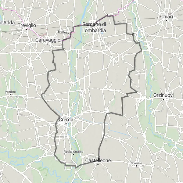 Miniatura della mappa di ispirazione al ciclismo "Tour panoramico tra Calcio e Cortenuova" nella regione di Lombardia, Italy. Generata da Tarmacs.app, pianificatore di rotte ciclistiche