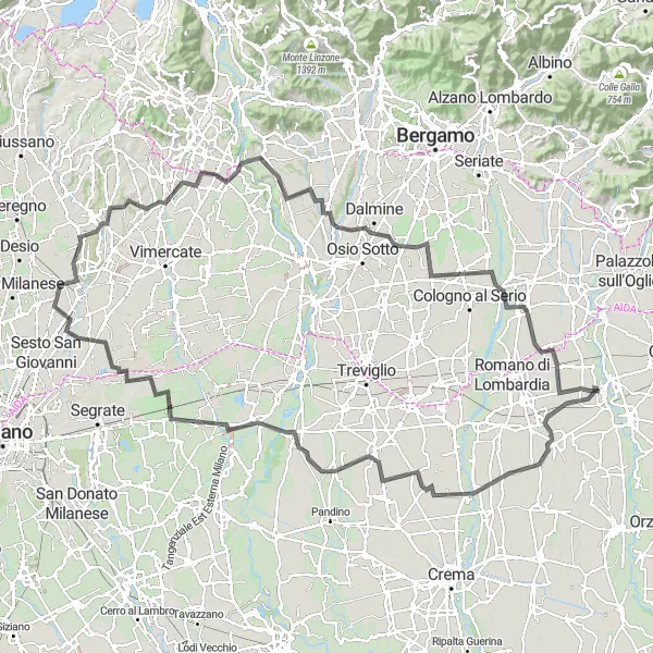 Miniature de la carte de l'inspiration cycliste "De Calcio à Agnadello et au-delà" dans la Lombardia, Italy. Générée par le planificateur d'itinéraire cycliste Tarmacs.app