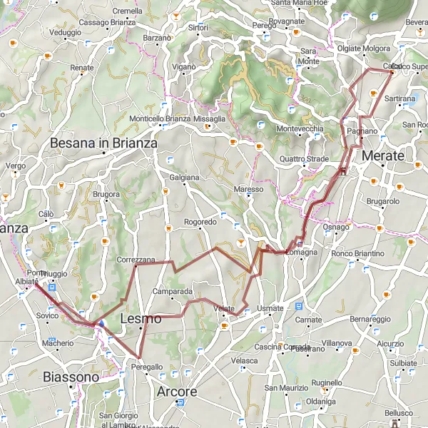 Miniatua del mapa de inspiración ciclista "Ruta de grava Calco - Cernusco Lombardone - Albiate - Olgiate Molgora" en Lombardia, Italy. Generado por Tarmacs.app planificador de rutas ciclistas