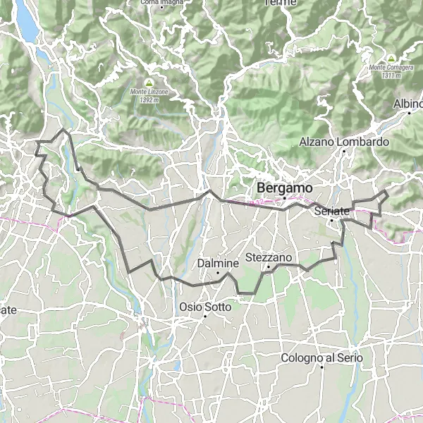 Map miniature of "Seriate Loop Road Cycling Route" cycling inspiration in Lombardia, Italy. Generated by Tarmacs.app cycling route planner