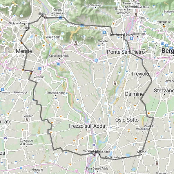 Miniaturní mapa "Road Route from Calco to Merate" inspirace pro cyklisty v oblasti Lombardia, Italy. Vytvořeno pomocí plánovače tras Tarmacs.app