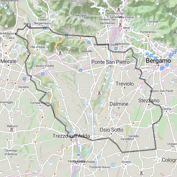 Karttaminiaatyyri "Brivio - Col Scarlasc - Brembate di Sopra - Monte Gussa - Ciserano - Trezzo sull'Adda - Monte Robbio -reitti" pyöräilyinspiraatiosta alueella Lombardia, Italy. Luotu Tarmacs.app pyöräilyreittisuunnittelijalla