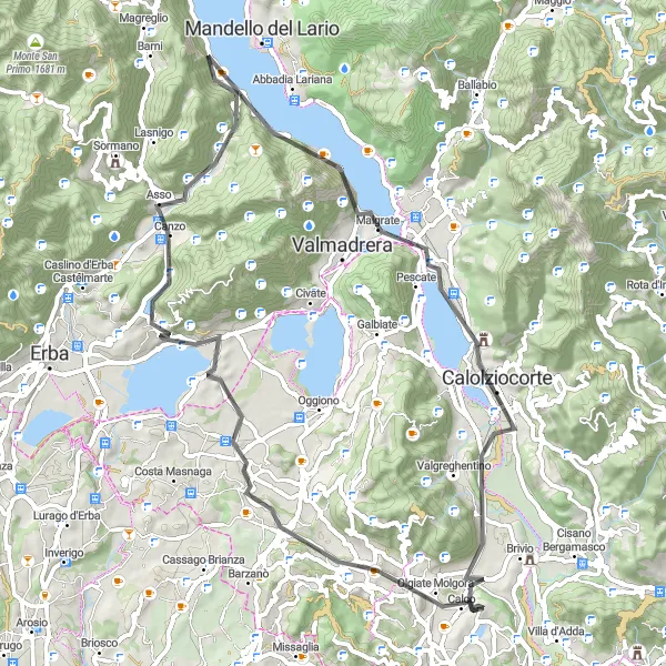 Miniatura della mappa di ispirazione al ciclismo "Giro in bici da Calco attraverso Barzago e Malgrate" nella regione di Lombardia, Italy. Generata da Tarmacs.app, pianificatore di rotte ciclistiche