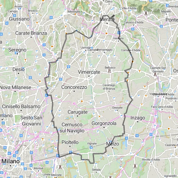 Map miniature of "Calco to Monza Route" cycling inspiration in Lombardia, Italy. Generated by Tarmacs.app cycling route planner