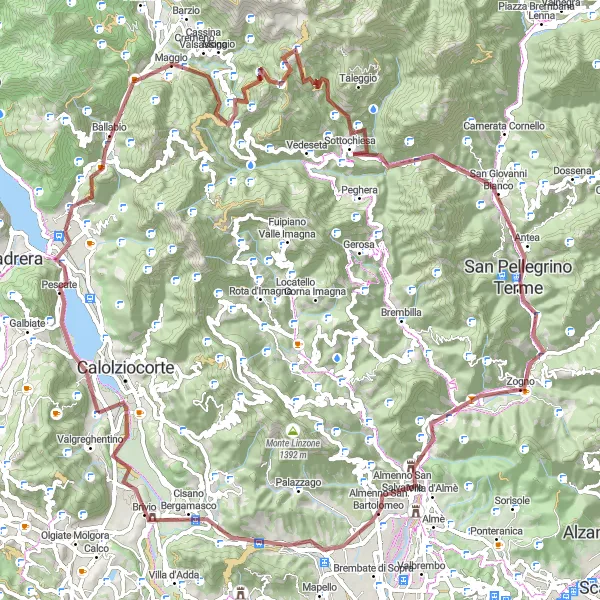 Mapa miniatúra "Gravel cesta cez Lombardské kopce" cyklistická inšpirácia v Lombardia, Italy. Vygenerované cyklistickým plánovačom trás Tarmacs.app