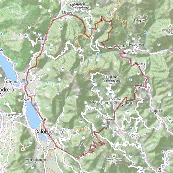 Mapa miniatúra "Gravel Tour Cassina Valsassina" cyklistická inšpirácia v Lombardia, Italy. Vygenerované cyklistickým plánovačom trás Tarmacs.app