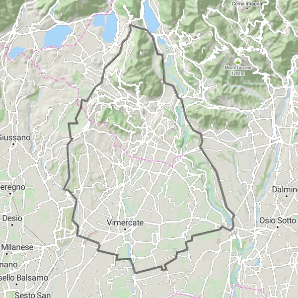 Miniatura della mappa di ispirazione al ciclismo "Giro in bicicletta da Calolziocorte" nella regione di Lombardia, Italy. Generata da Tarmacs.app, pianificatore di rotte ciclistiche