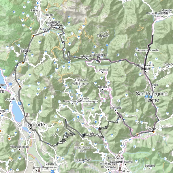 Miniature de la carte de l'inspiration cycliste "Tour des belvédères des montagnes bergamasques" dans la Lombardia, Italy. Générée par le planificateur d'itinéraire cycliste Tarmacs.app