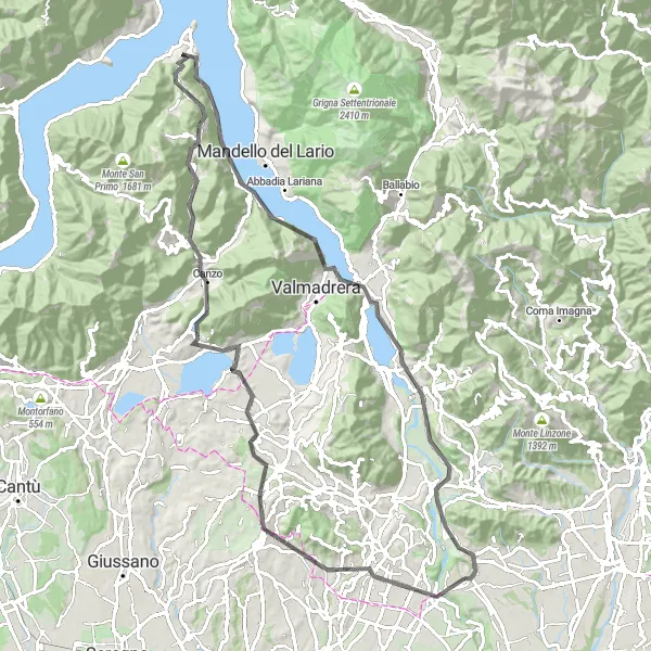 Zemljevid v pomanjšavi "Potovanje po hribih in dolinah Lombardije" kolesarske inspiracije v Lombardia, Italy. Generirano z načrtovalcem kolesarskih poti Tarmacs.app