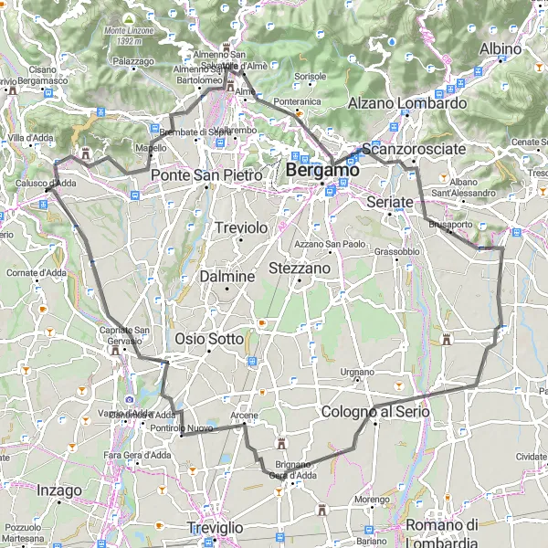 Map miniature of "The Bergamo Explorer" cycling inspiration in Lombardia, Italy. Generated by Tarmacs.app cycling route planner