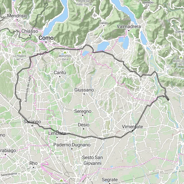 Miniature de la carte de l'inspiration cycliste "Les trésors de la Brianza" dans la Lombardia, Italy. Générée par le planificateur d'itinéraire cycliste Tarmacs.app