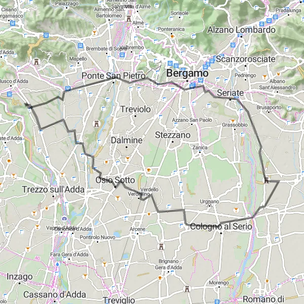 Miniatuurkaart van de fietsinspiratie "Mozzo naar Medolago Route" in Lombardia, Italy. Gemaakt door de Tarmacs.app fietsrouteplanner