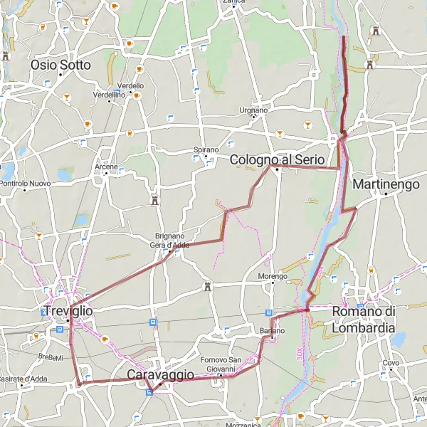 Mapa miniatúra "Gravel trasa Calvenzano - Treviglio" cyklistická inšpirácia v Lombardia, Italy. Vygenerované cyklistickým plánovačom trás Tarmacs.app
