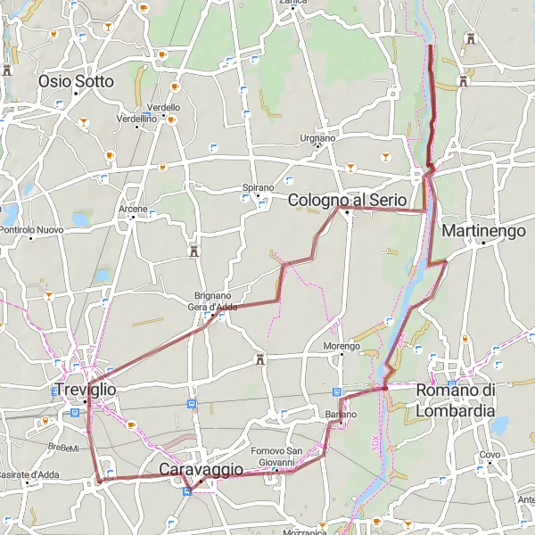 Map miniature of "The Geographical Gems of Calvenzano" cycling inspiration in Lombardia, Italy. Generated by Tarmacs.app cycling route planner