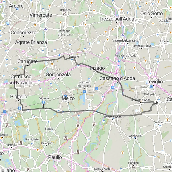 Miniatuurkaart van de fietsinspiratie "Ontspannen fietsroute rond Calvenzano" in Lombardia, Italy. Gemaakt door de Tarmacs.app fietsrouteplanner