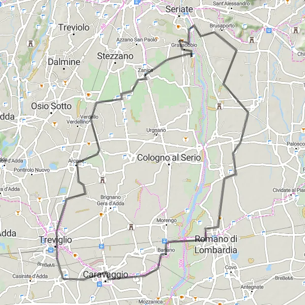 Zemljevid v pomanjšavi "Kolesarska pot skozi Lombardijo" kolesarske inspiracije v Lombardia, Italy. Generirano z načrtovalcem kolesarskih poti Tarmacs.app