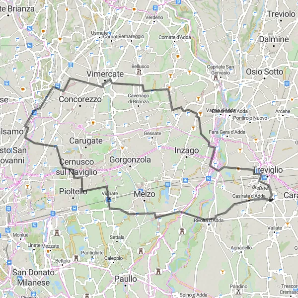 Miniatua del mapa de inspiración ciclista "Ruta de Calvenzano a Cassano d'Adda" en Lombardia, Italy. Generado por Tarmacs.app planificador de rutas ciclistas