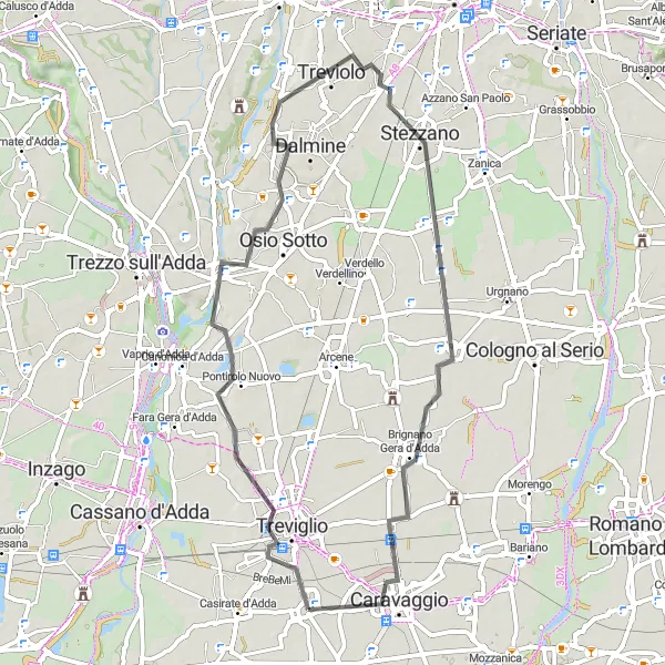 Map miniature of "The Pontirolo Nuovo Loop" cycling inspiration in Lombardia, Italy. Generated by Tarmacs.app cycling route planner