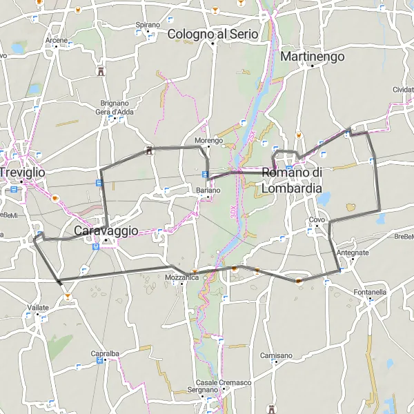 Miniatuurkaart van de fietsinspiratie "Fietsroute van Calvenzano naar Misano di Gera d'Adda" in Lombardia, Italy. Gemaakt door de Tarmacs.app fietsrouteplanner