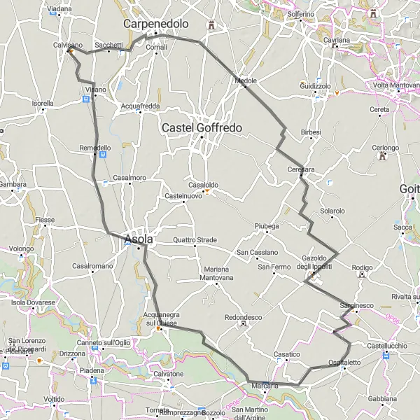 Kartminiatyr av "Rundtur från Calvisano till Monte Rocchetta" cykelinspiration i Lombardia, Italy. Genererad av Tarmacs.app cykelruttplanerare