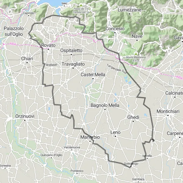 Map miniature of "Gottolengo to Castenedolo Loop" cycling inspiration in Lombardia, Italy. Generated by Tarmacs.app cycling route planner