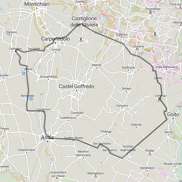Miniatua del mapa de inspiración ciclista "Ruta de ciclismo por carretera alrededor de Calvisano y Castiglione delle Stiviere" en Lombardia, Italy. Generado por Tarmacs.app planificador de rutas ciclistas