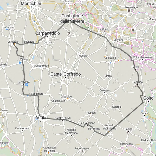 Miniaturní mapa "Trasa kolem Castiglione delle Stiviere a Visano" inspirace pro cyklisty v oblasti Lombardia, Italy. Vytvořeno pomocí plánovače tras Tarmacs.app