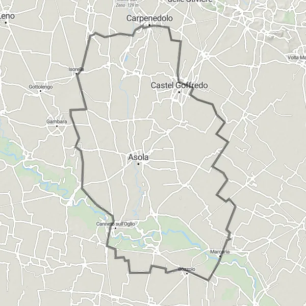 Miniatuurkaart van de fietsinspiratie "Lange roadtrip door Calvisano en Fiesse" in Lombardia, Italy. Gemaakt door de Tarmacs.app fietsrouteplanner