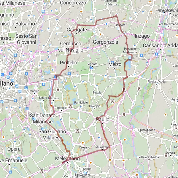 Map miniature of "Gravel Route Around Cambiago" cycling inspiration in Lombardia, Italy. Generated by Tarmacs.app cycling route planner