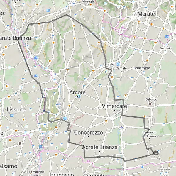 Mapa miniatúra "Scenic Road Trip through Agrate Brianza, Villasanta and Besana in Brianza" cyklistická inšpirácia v Lombardia, Italy. Vygenerované cyklistickým plánovačom trás Tarmacs.app
