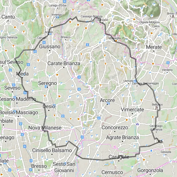 Miniatua del mapa de inspiración ciclista "Ruta en carretera pasando por Desio y Mariano Comense" en Lombardia, Italy. Generado por Tarmacs.app planificador de rutas ciclistas