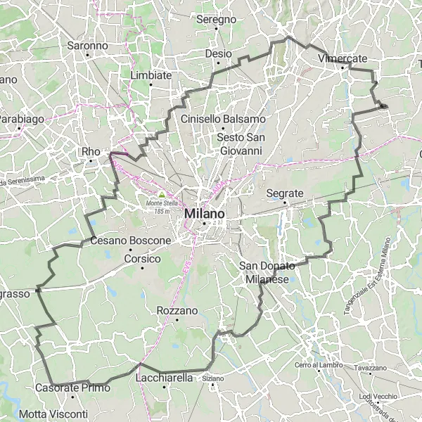 Map miniature of "Scenic Road Cycling Route Near Cambiago" cycling inspiration in Lombardia, Italy. Generated by Tarmacs.app cycling route planner