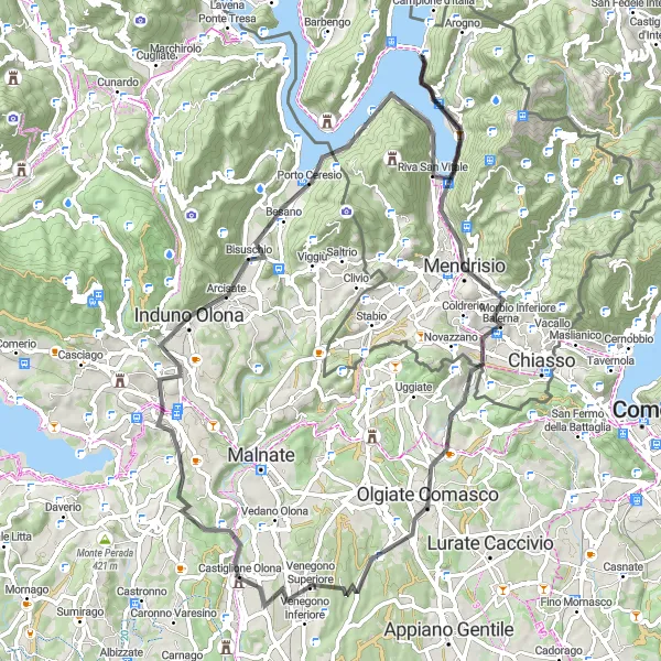 Kartminiatyr av "Sjöar och berg i Varese-distriktet" cykelinspiration i Lombardia, Italy. Genererad av Tarmacs.app cykelruttplanerare