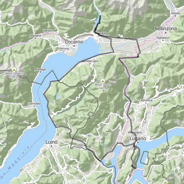 Zemljevid v pomanjšavi "Pot okoli jezera Lugano" kolesarske inspiracije v Lombardia, Italy. Generirano z načrtovalcem kolesarskih poti Tarmacs.app