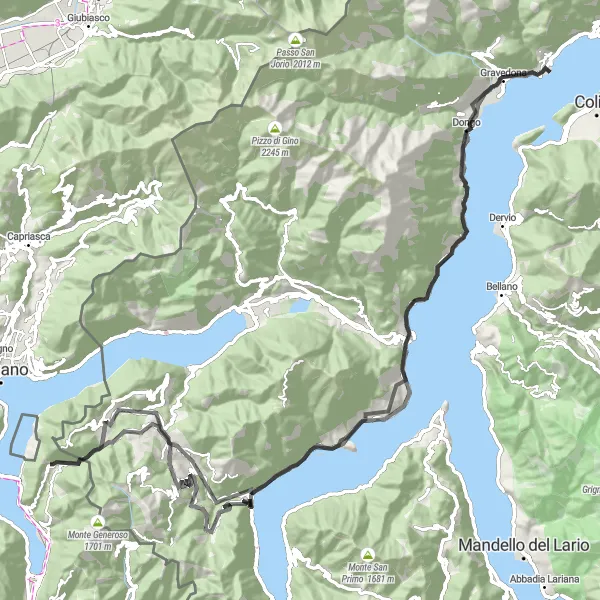 Miniature de la carte de l'inspiration cycliste "Les montagnes du lac de Côme" dans la Lombardia, Italy. Générée par le planificateur d'itinéraire cycliste Tarmacs.app