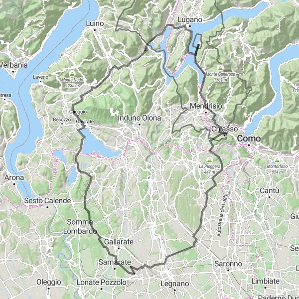 Map miniature of "Loop around Campione and Varese" cycling inspiration in Lombardia, Italy. Generated by Tarmacs.app cycling route planner