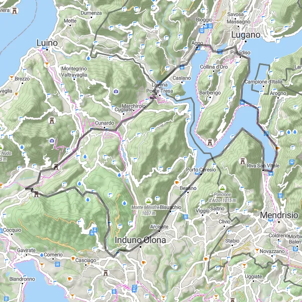 Miniaturekort af cykelinspirationen "Panoramaudsigt over Luganosøen" i Lombardia, Italy. Genereret af Tarmacs.app cykelruteplanlægger