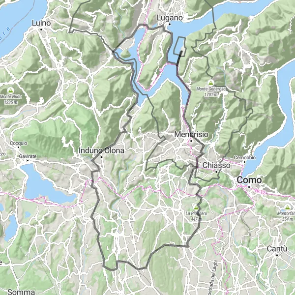 Map miniature of "Exploring Lake Lugano and Varese" cycling inspiration in Lombardia, Italy. Generated by Tarmacs.app cycling route planner