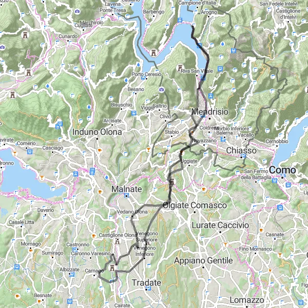 Miniatua del mapa de inspiración ciclista "Ruta a Mendrisio y Bissone" en Lombardia, Italy. Generado por Tarmacs.app planificador de rutas ciclistas