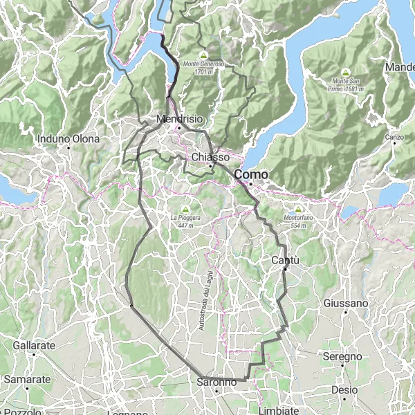 Map miniature of "Picturesque Road Cycling near Chiasso" cycling inspiration in Lombardia, Italy. Generated by Tarmacs.app cycling route planner