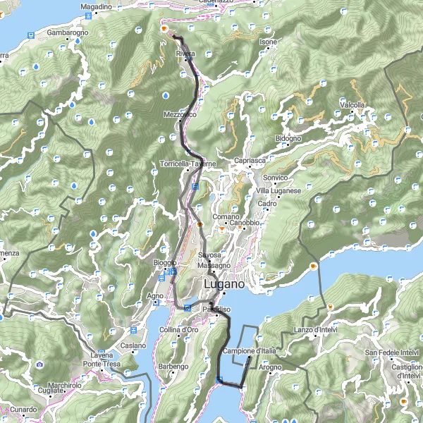 Miniature de la carte de l'inspiration cycliste "Tour du Lac de Lugano en Lombardie" dans la Lombardia, Italy. Générée par le planificateur d'itinéraire cycliste Tarmacs.app